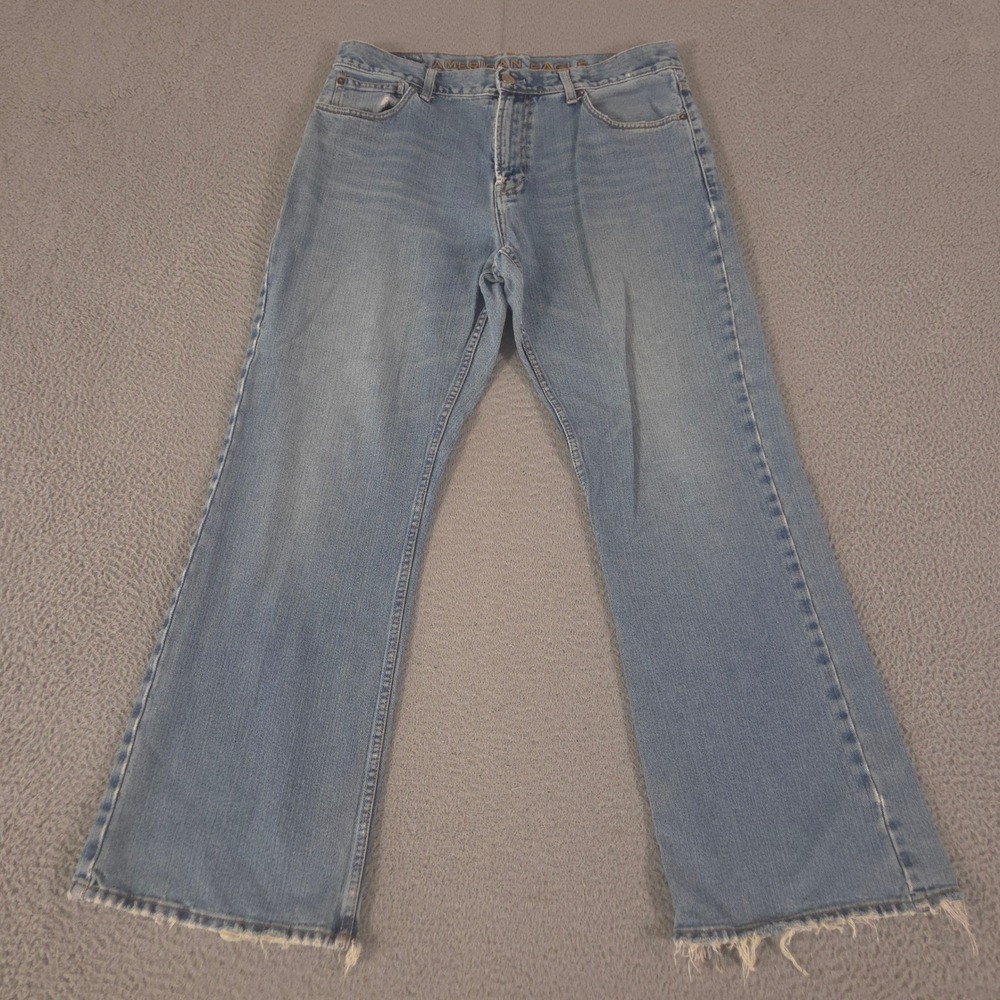 VINTAGE American Eagle Jeans Mens 36x32 Blue Bootcut Cotton Frayed Hem Pants Y2K